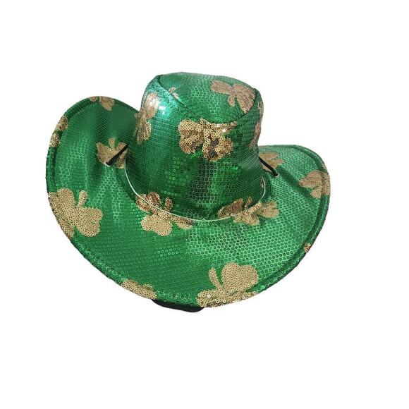 St. Patrick's Shamrock Cowboy Hat Sequin Green/Gold Costume Party 4 Leaf Clover - Picture 1 of 8